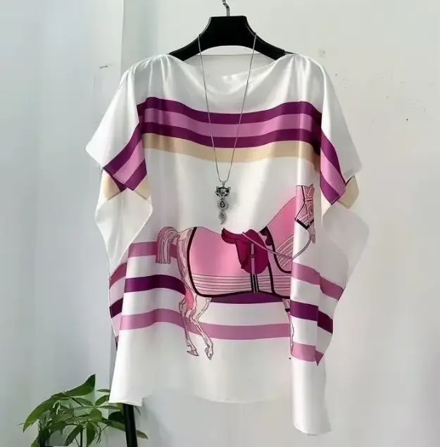 Dámské saténové halenky s potiskem, netopýří rukávy, vintage košile, letní