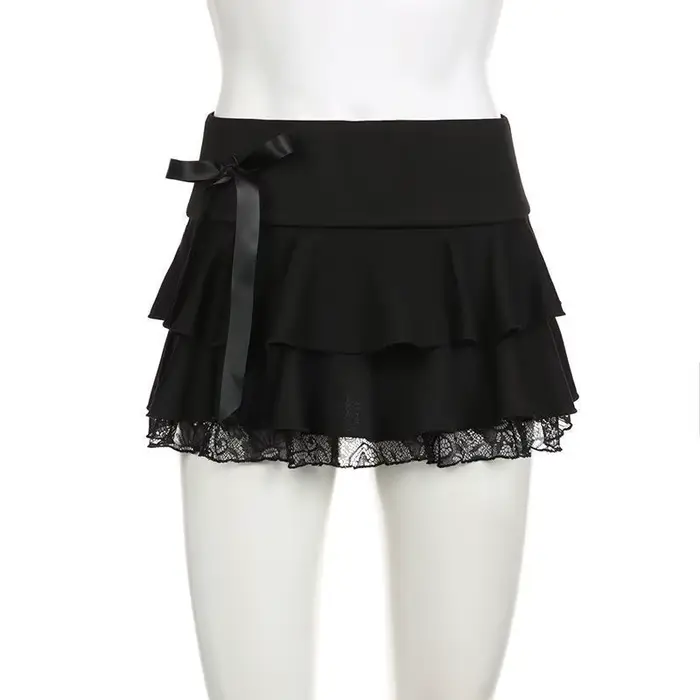 Mini-jupe noire à volants avec bordure en dentelle et nœud en ruban, micro-jupe trapèze pour femme, 