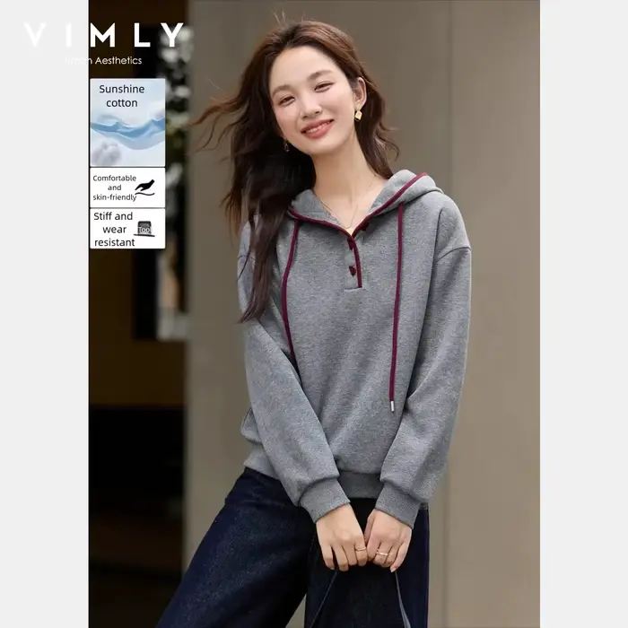 Sweat-shirts gris pour femmes VIMLY, en mélange de coton simple, doublés de polaire, contrastants, 2