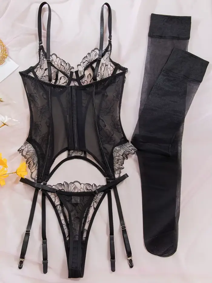 Ensemble de lingerie érotique Belamimi brodé floral transparent, sexy, sculptant le corps, avec bas de contention intégrés
