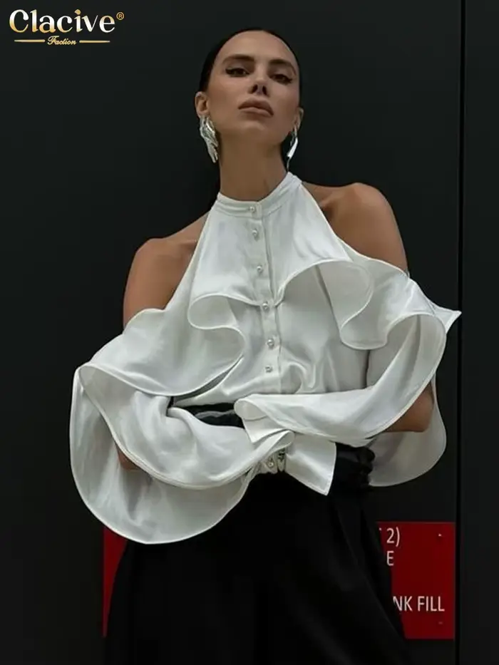 ClacMarkets-Chemise à manches longues à col rond pour femmes, haut à volants classique, vêtements fé