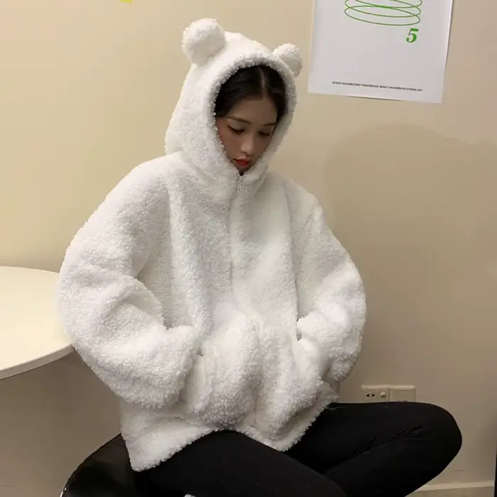 Sweat à capuche zippé en fausse fourrure pour femme, sweats à capuche doux avec oreilles d'ours en p