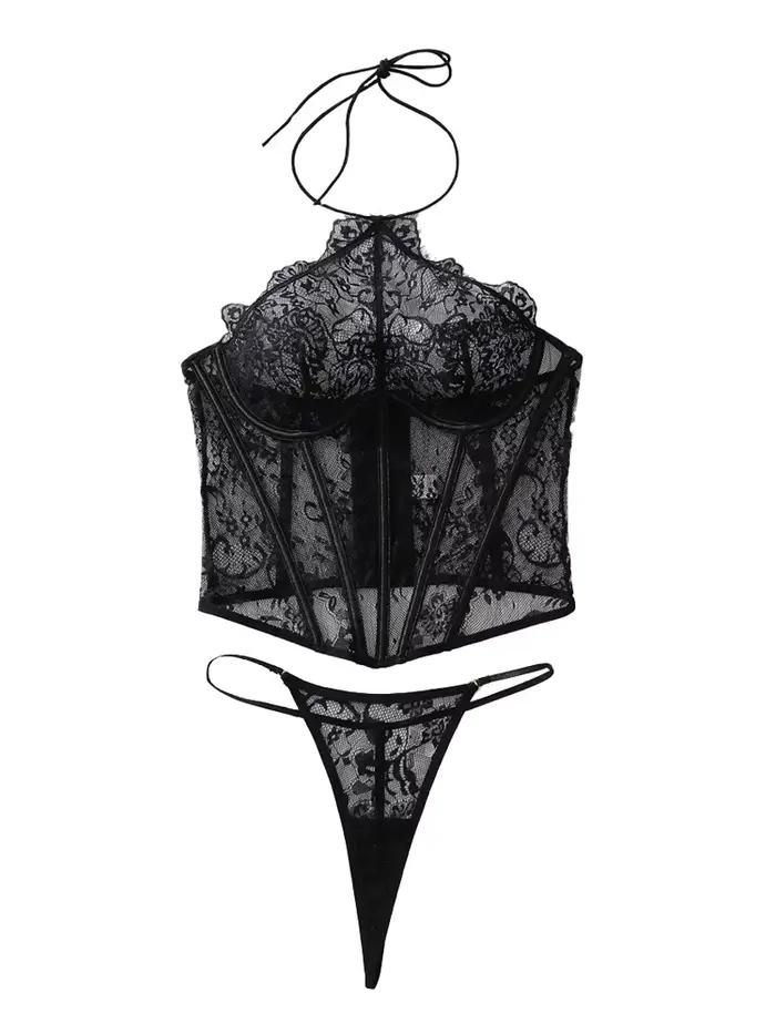 Belamimi Sexy spodní prádlo set pro ženy, podprsenka a korzet s krajkovými řasami, nízký střih, hubnutí, 2 kusy