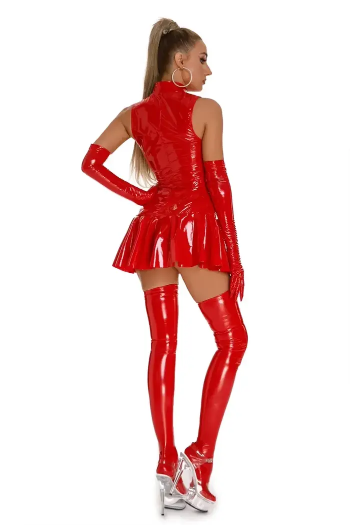 Robe parapluie en cuir PVC brillant pour femme, mini jupe en latex brillant, exposition de poitrine 