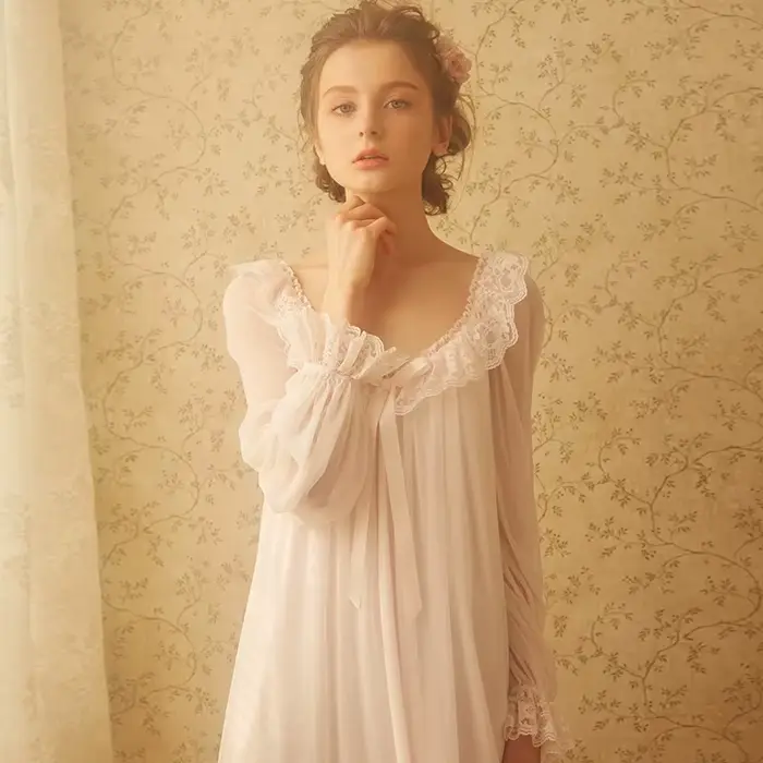 Fairy noční košile pro ženy, princezna noční prádlo, bílá krajka, župan, dlouhé, Lolita, Vintage viktoriánské, Kawaii