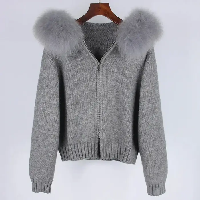 Veste courte tricotée avec manteau en fourrure naturelle pour femme, manteau décontracté à capuche, 