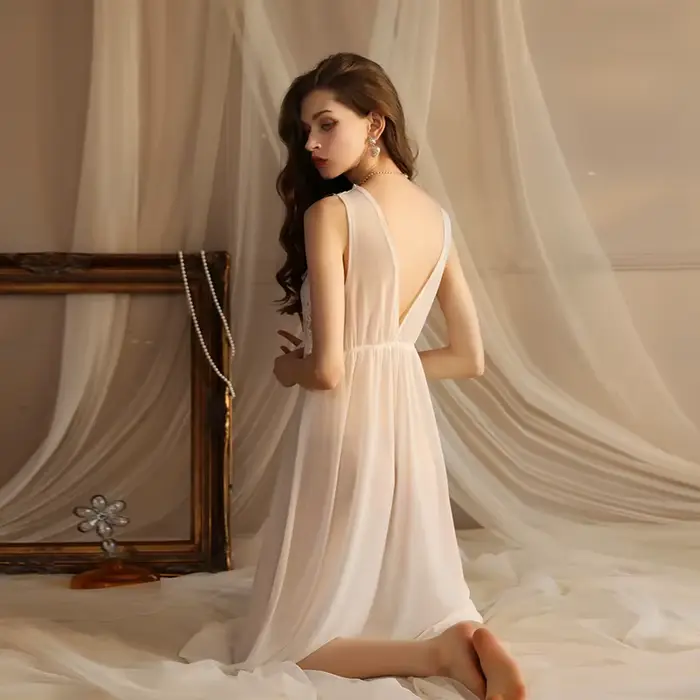 Noční košilka pro svatbu dlouhá z krajky, věkemová elegantní noční košile, noční košile s nízkým výstřihem, oblečení na spaní z vlákna