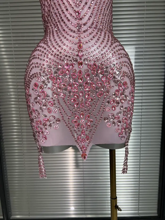 Célébrité nouvelles femmes Sexy rose maille licou scène Performance Costume danseuse chanteur boîte