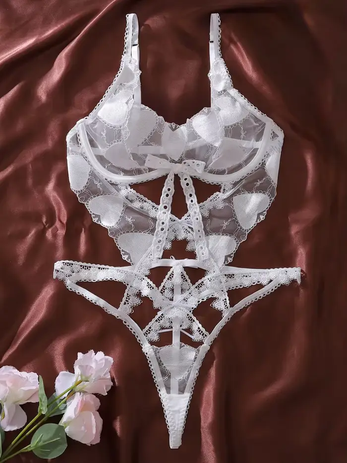 Dámské průhledné síťované body s vyšíváním srdce, prolamované výřezy, tenké a prodyšné, sexy a opláštění spodní prádlo, noční prádlo