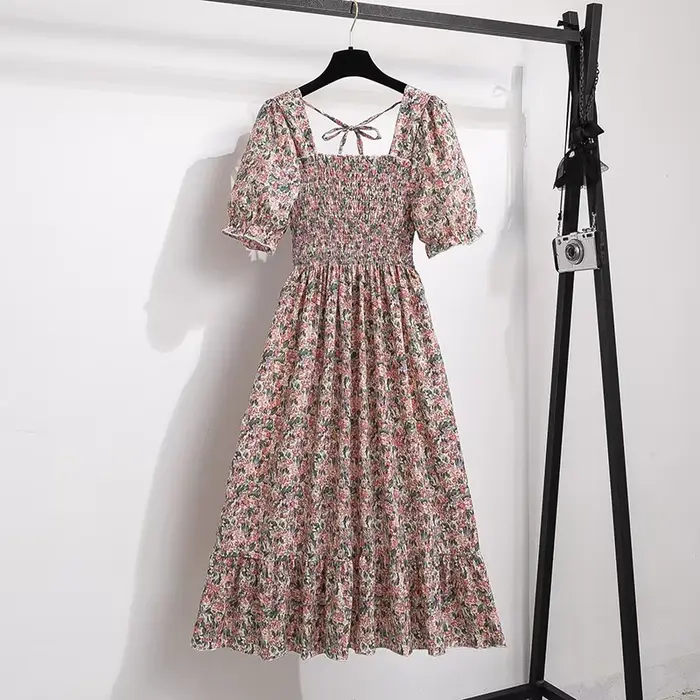 Printemps été robes en mousseline de soie mode femme taille élastique à manches courtes plissée tenu