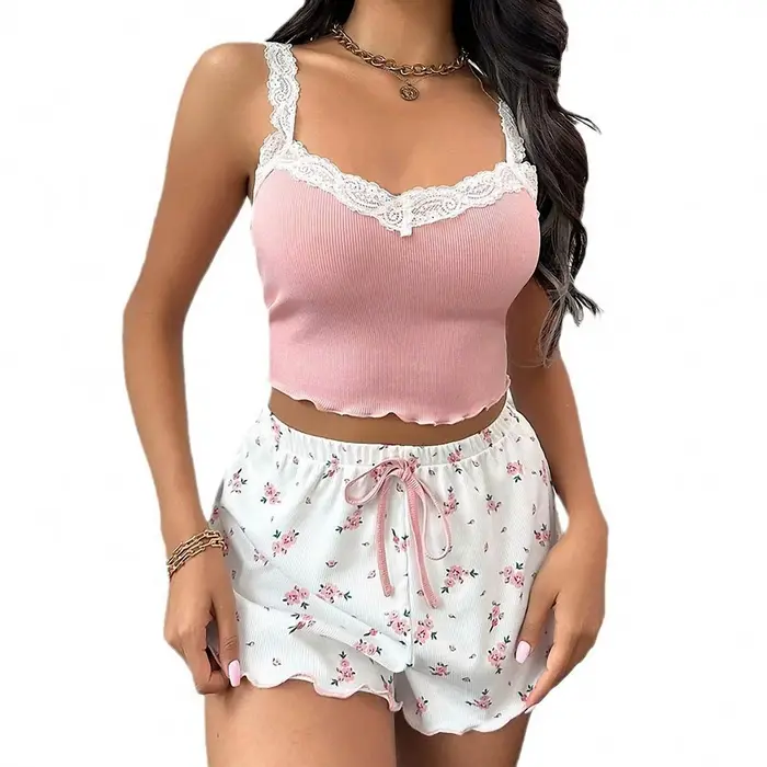 Dámské pyžamo Set krajka Patchwork V-neck noční prádlo Sexy Nuisettes oblek košilka Top potisk měkké šortky pyžamo relaxační oblečení