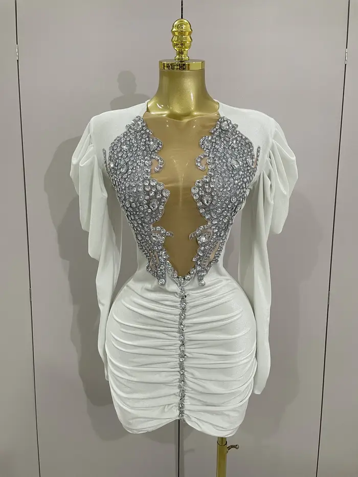 Robe courte de luxe en velours blanc pour femmes, cristaux scintillants, maille Sexy, élégante, robe
