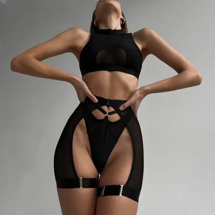 souprava Sexy Krajka pro ženy, Erotické Teddy Krajka Bikiny, 3-dílné, podprsenka a kalhotky, podvazky, průhledný, noční košilka, Dámské spodní prádlo