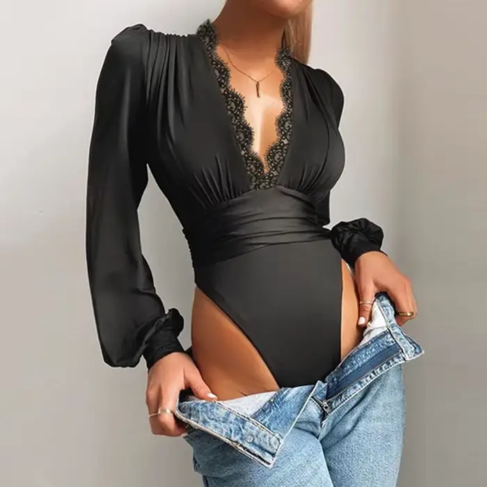 Body sexy en dentelle appliquée à manches longues pour femme, body en maille, décolleté plongeant, d