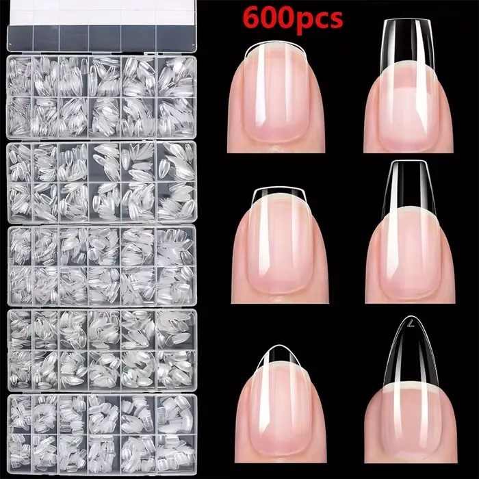600 morceaux d'autocollants pour faux ongles à couverture complète, style aiguille, en forme d'amand