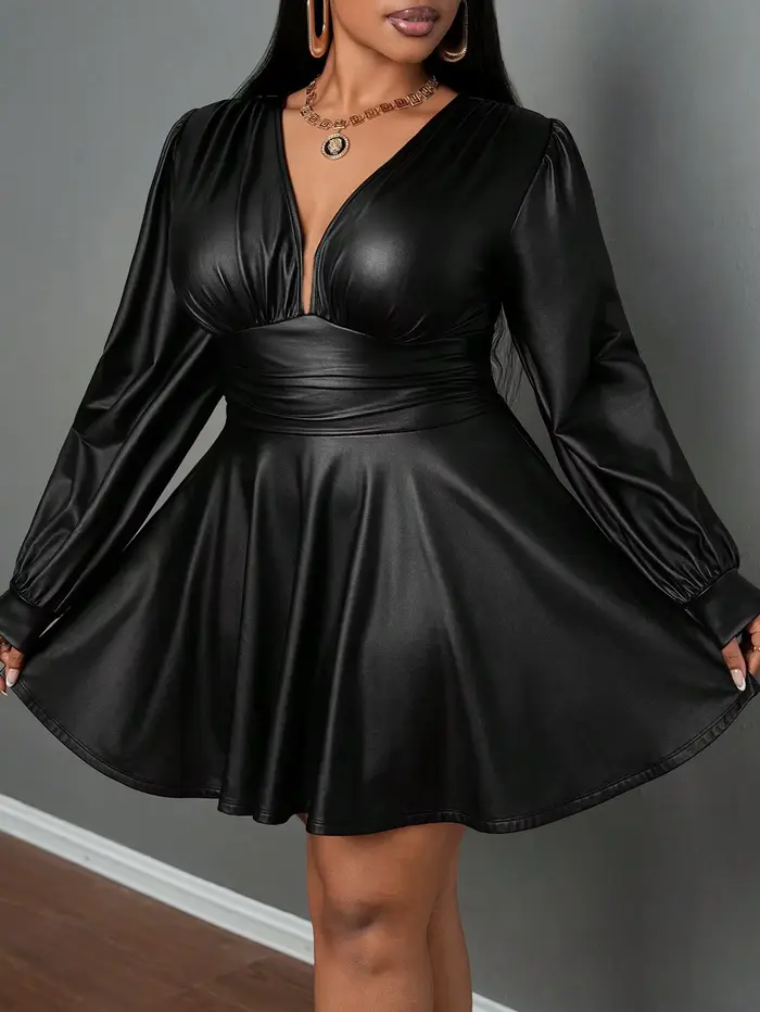 Jupe en cuir grande taille pour femmes, col en V profond, manches lanternes, taille cintrée, ligne a