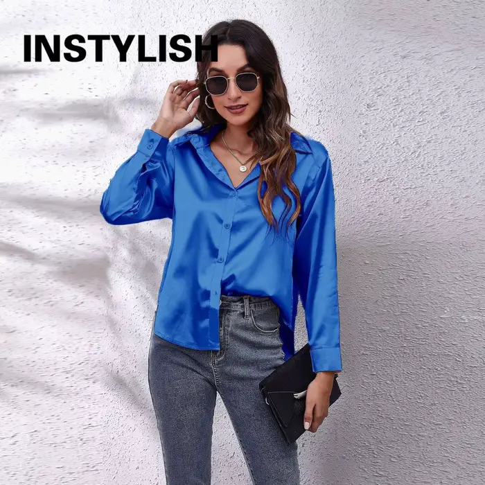 Chemise en satin élégante pour femmes, chemisier décontracté à manches longues en fausse soie, haut 