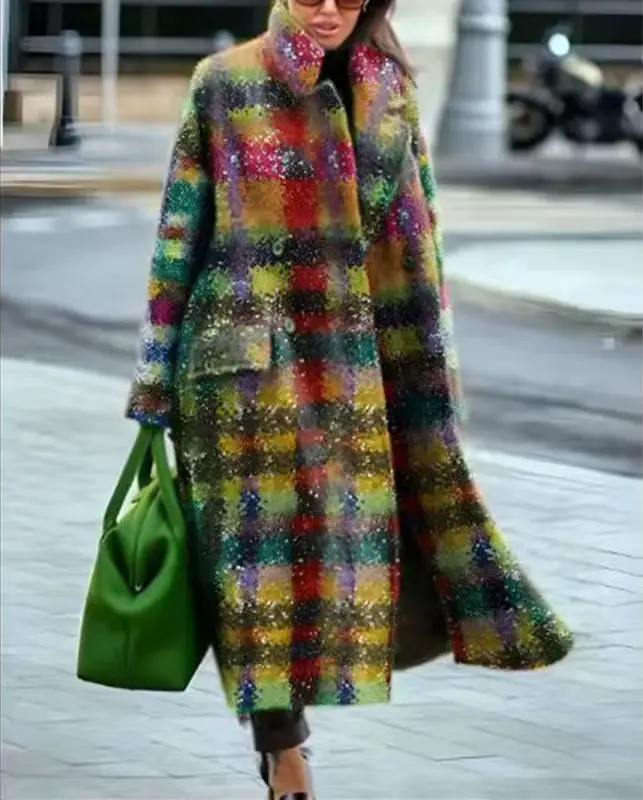 Manteau long en tweed imprimé double face pour femme, élégant, à revers, avec lacets, cardigan tenda