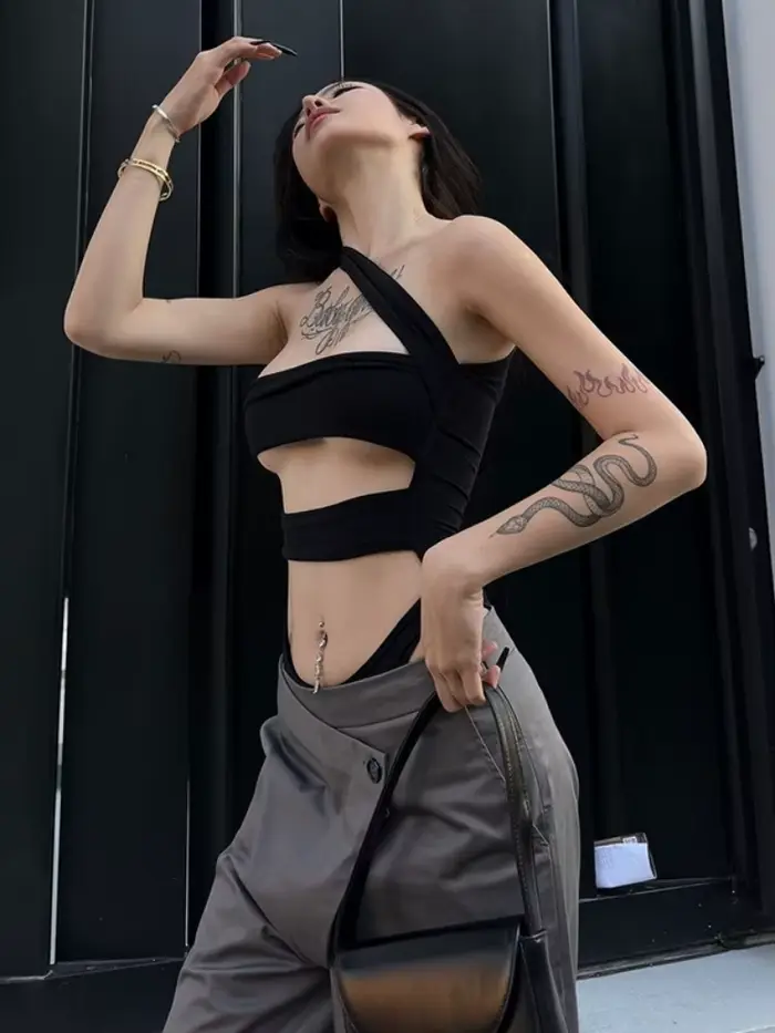 Body noir uni, Lingerie Sexy pour femmes, tenue de Club, col incliné, une pièce, ajouré, vêtements Y2k