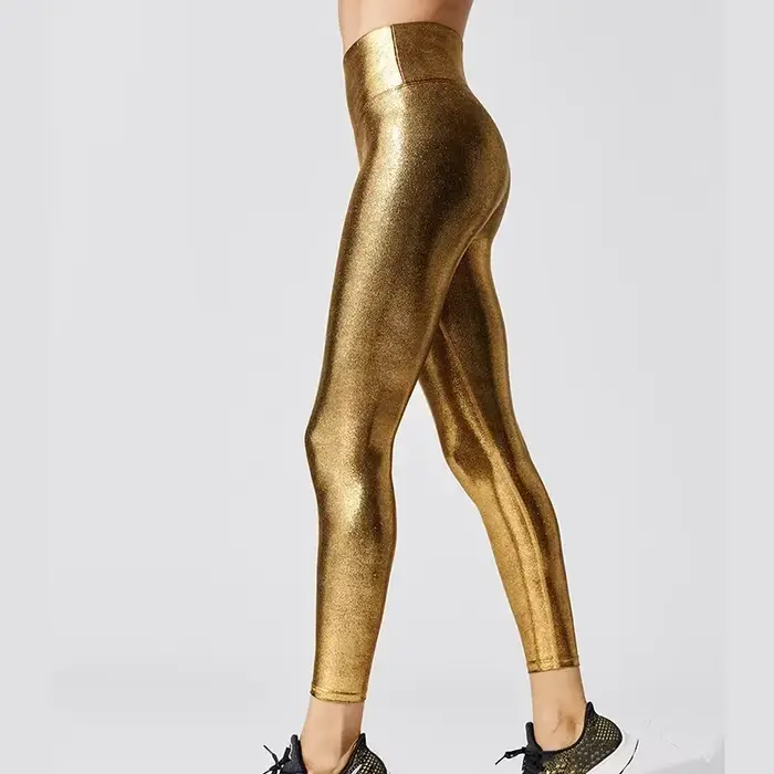 Pantalon de Yoga brillant métallique pour femmes, Leggings taille élastique, vêtements de sport bril