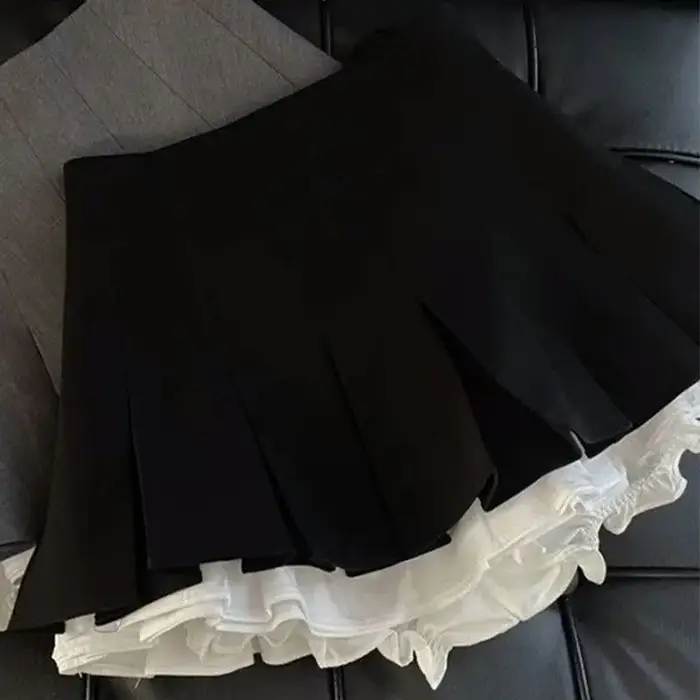 Mooyufon Černá Minisukně s Volánky Korejský Patchwork Japonské Plisované Sukně Kawaii Vysoký Pas Univerzální Jedna Linie