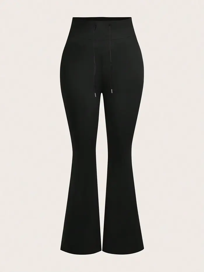 Pantalon noir taille haute à cloche pour femmes, cordon de serrage à la taille, extensible, doux pou