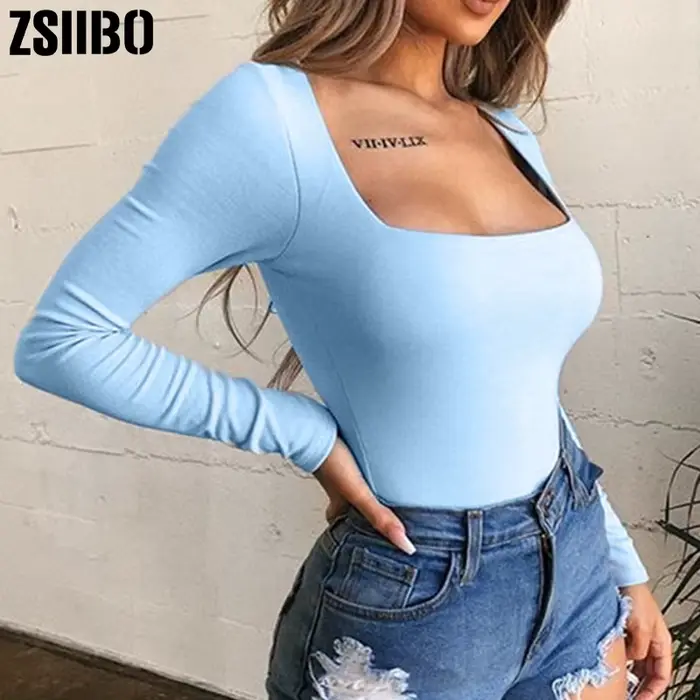 Body à manches longues pour femmes style sexy et club matériau polyester coton drap fin ajustement mince automne hiver