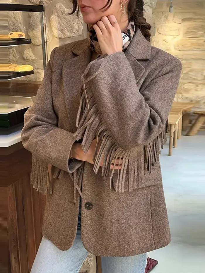Blazer de bureau pour femme à franges, mode printemps 2026, coupe ajustée, simple boutonnage, manche