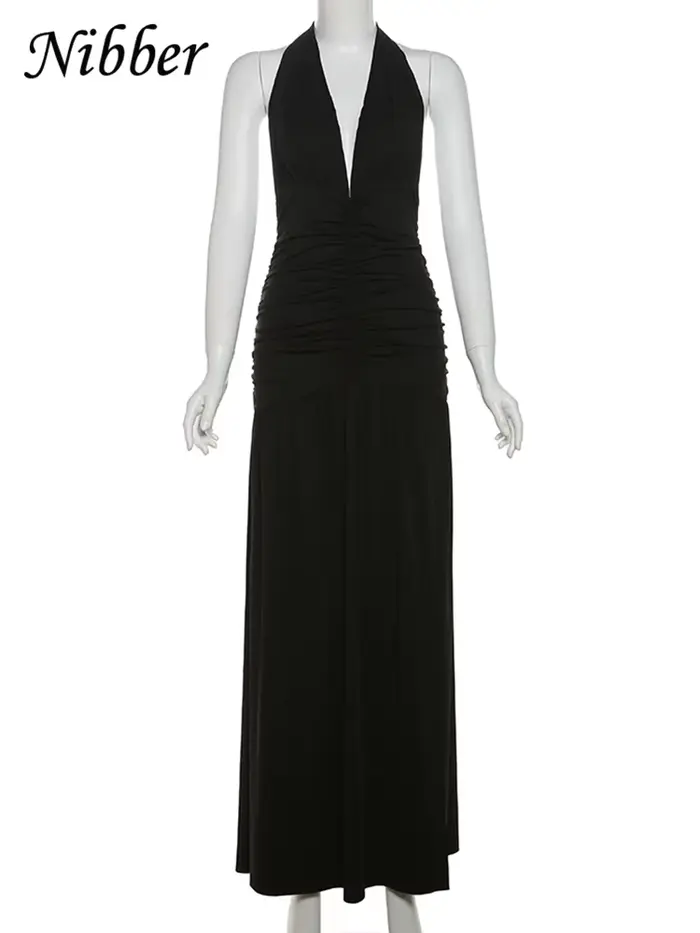 Nibber-Robe Longue Élégante pour Femme, Couleur Unie, Hipster, Col en V, Dos aux, Froncée, Fente Lat