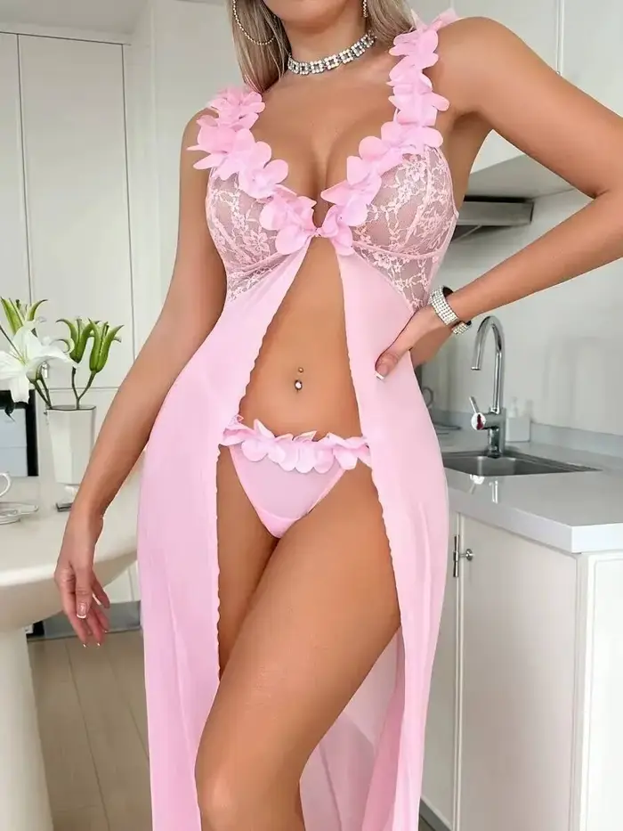 Pyjama Sexy pour femmes, garniture en dentelle fendue, Transparent, dos nu, bretelles en V profond, robe sans manches, pur désir charmant 0FE5