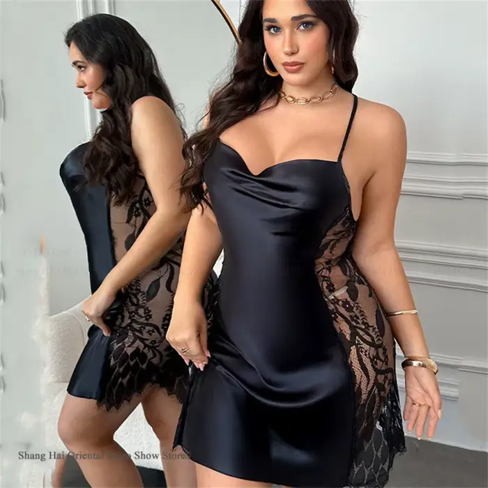 Noční košilka pro ženu velkého rozměru 3XL 4XL 5XL, noční košilka sexy z krajky s transparentními částmi, spodní prádlo široké z saténu, oblečení pro domácnost