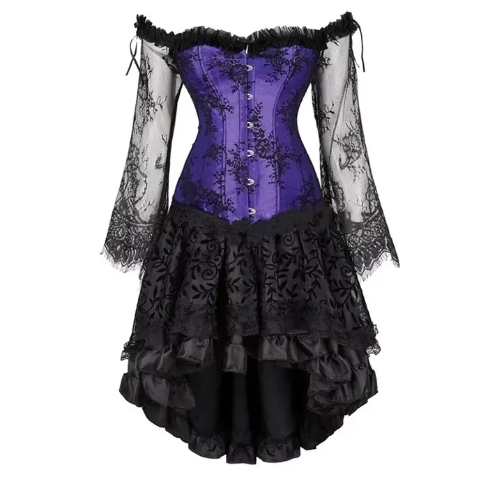 Robe corset gothique florale à épaules dénudées en polyester avec taille cintrée et dentelle pour costume de déesse