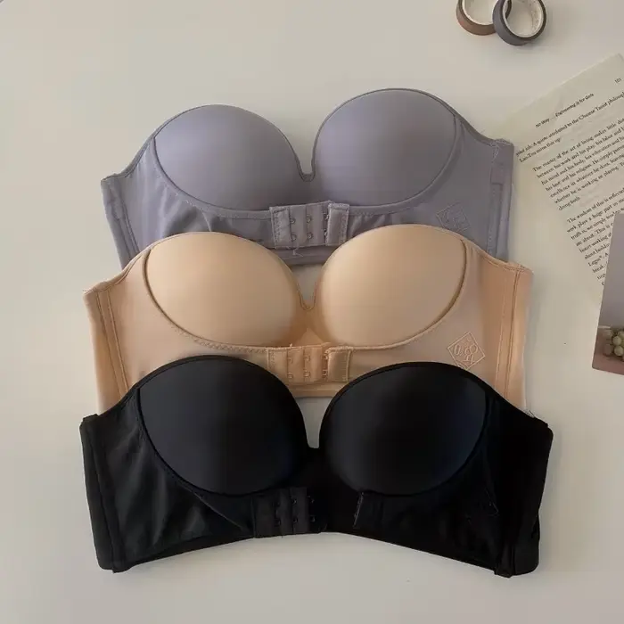 Soutien-gorge sexy sans bretelles fermeture avant invisible sous vetements pour femmes occassions speciales confort push up demi tasse tricot nylon polyester