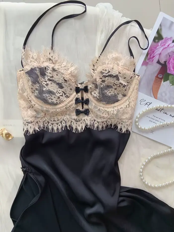 Vêtements de nuit violets pour dames, chemise de nuit à bretelles, Lingerie Sexy, cils en dentelle, 