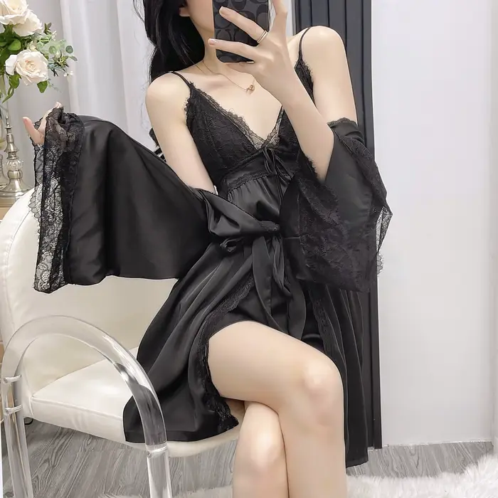 NIUNIUSHOW hedvábná polyesterová noční košile, elegantní a pohodlná pro domácí, noční a speciální příležitosti