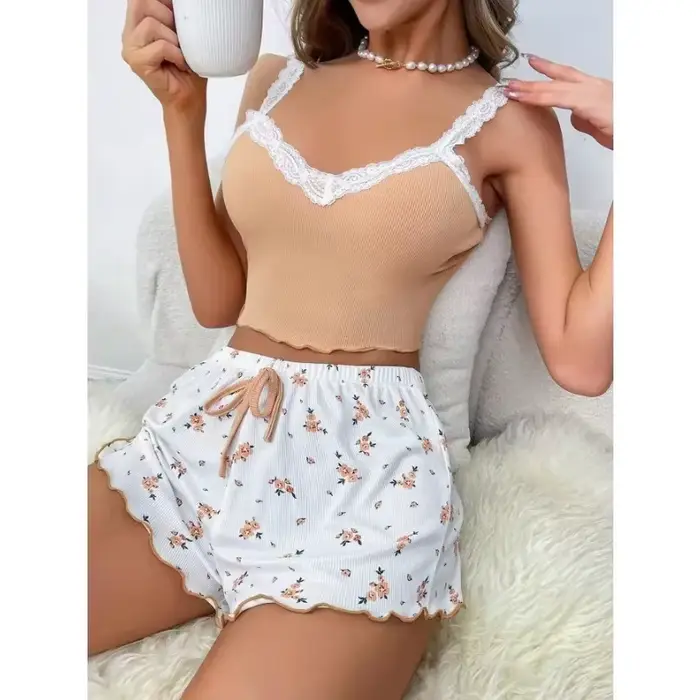 Ensemble de nuit féminin rose patchwork sexy pour relaxation et nuits d'été chaudes