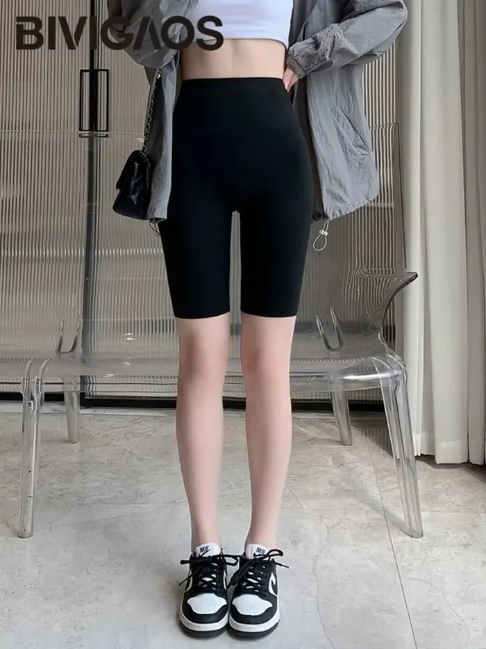 BIVIIncome OS-Short de Cyclisme Taille Haute pour Femme, Slim, Longueur Genou, Biker, Yoga Sports, L
