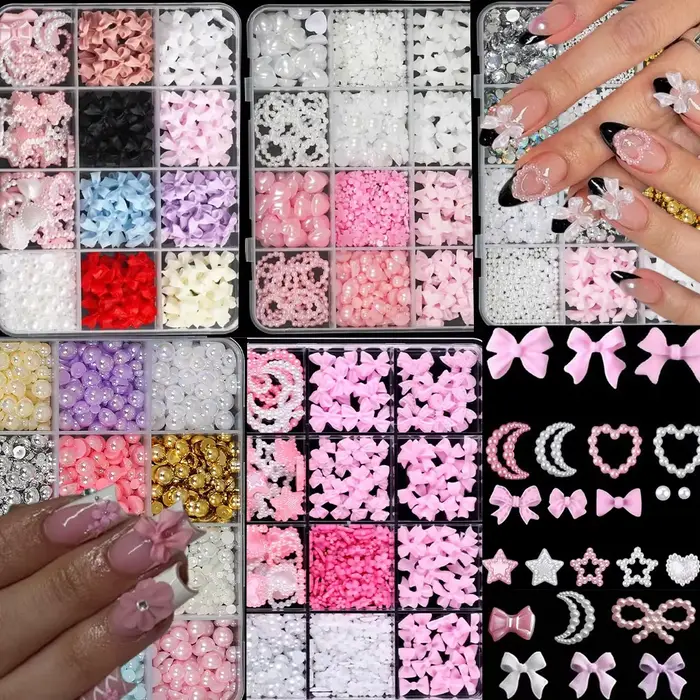 12 grilles 3D résine mixte arc/étoile/lune breloques pour ongles ruban, fleur, perle simulée Nail Ar