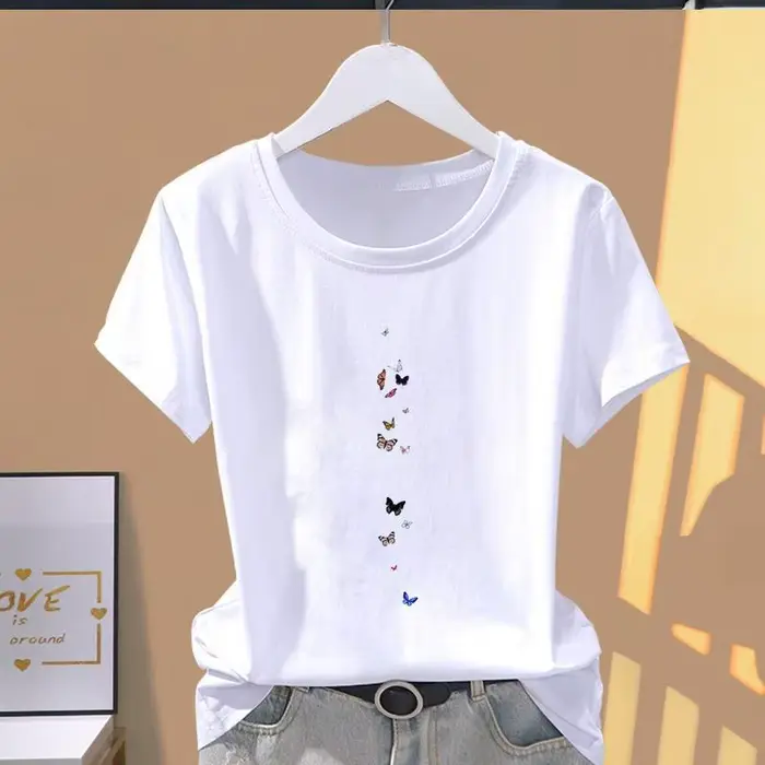 T-Shirt à Manches Courtes pour Femme, Vêtement Imprimé Papillon, Mode Pop, Décontracté