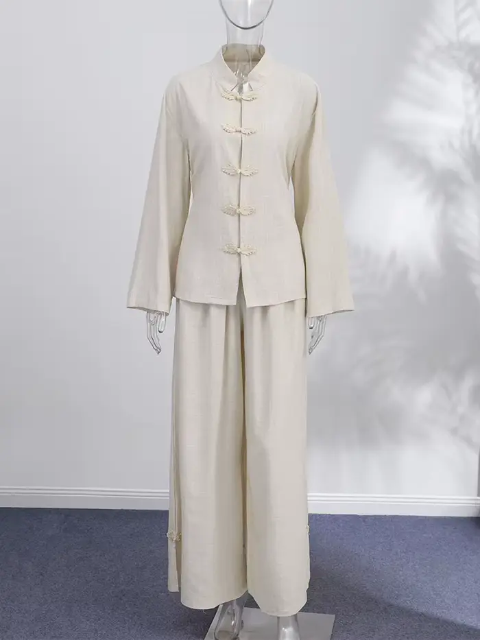 Ensemble 2 pièces mode femme en lin : haut ample à manches longues avec boutons grenouille et lacets