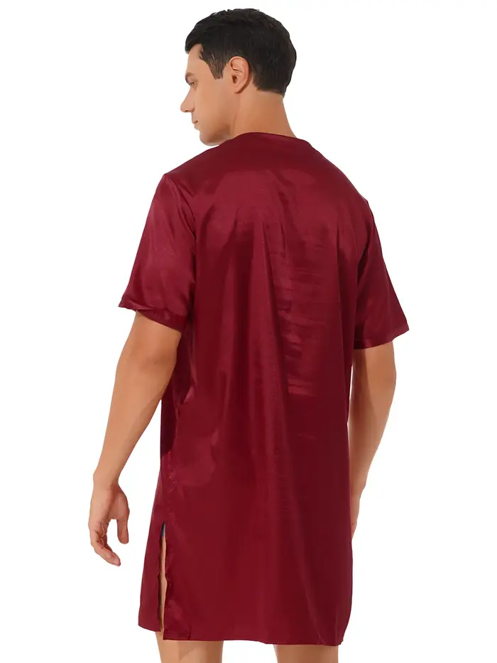 Hommes femmes Satin chemise de nuit col en V à manches courtes vêtements de nuit vêtements de nuit Homewear côtés fendus vêtements de nuit Robe de nuit peignoir
