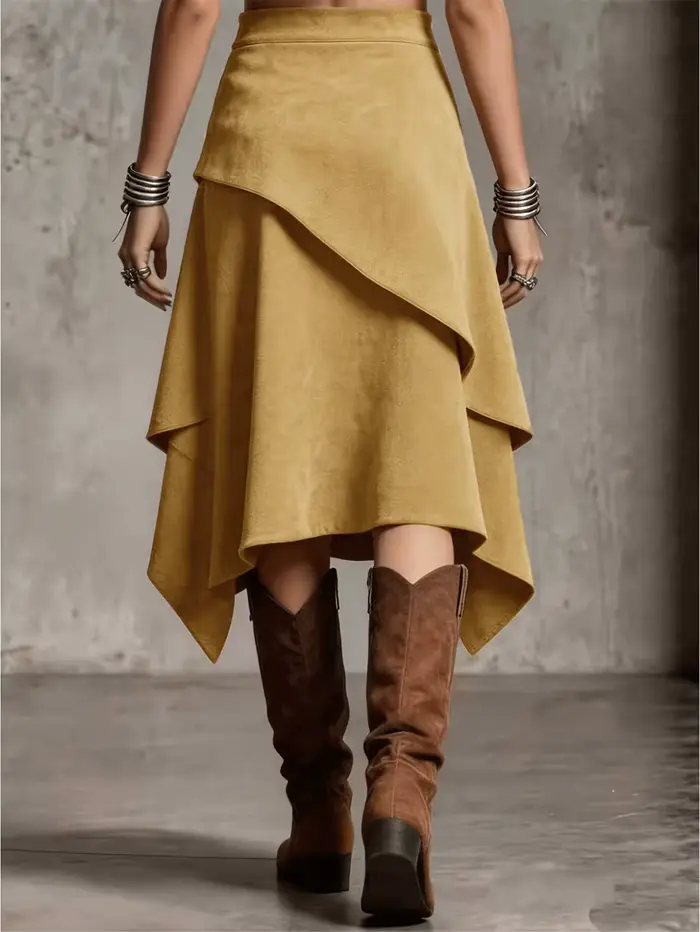 Jupe mi-longue en daim de couleur unie, design irrégulier de style western vintage