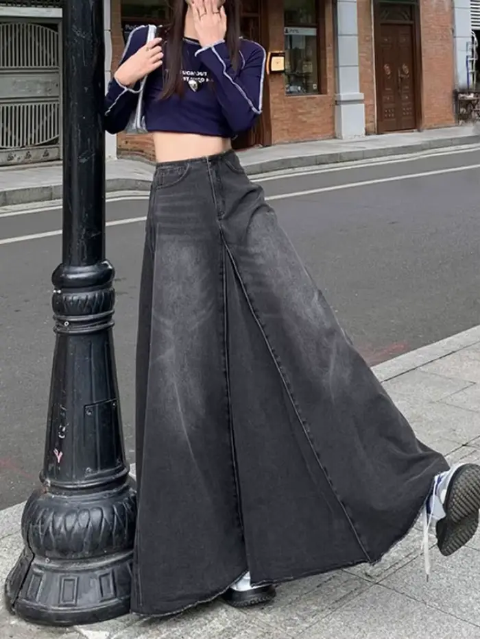 Jupe en jean plissée à volants taille haute pour femmes, jupes longues maxi pour femmes, jupe en jea