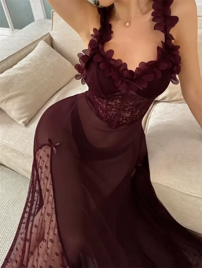 Robe de nuit femme à bretelles, en maille à pois, avec nœud féerique, longue, style pyjama, à pétales, col en V, dos nu, sexy