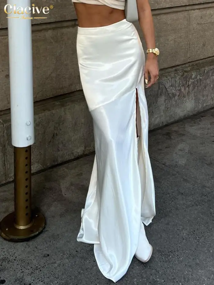 ClacMarkets-Jupe Longue en Satin Blanc pour Femme, Sexy, Mode, Taille Haute, Élégante, Chic, Fente L