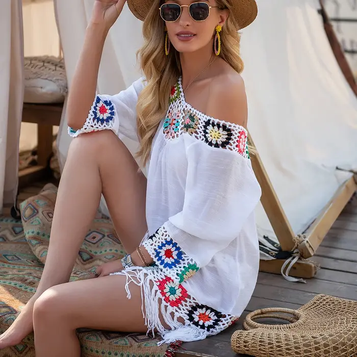 CROCHET BIKINI blanc Bikini couvrir avec frange garniture femmes Sexy creux tunique robe de plage ét