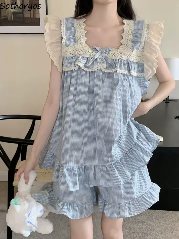Ensemble de pyjama à volants de style japonais pour femmes, vêtements de nuit à la maison, dortoir étudiant décontracté, conception de nœud doux, mode fille, Kawaii, été