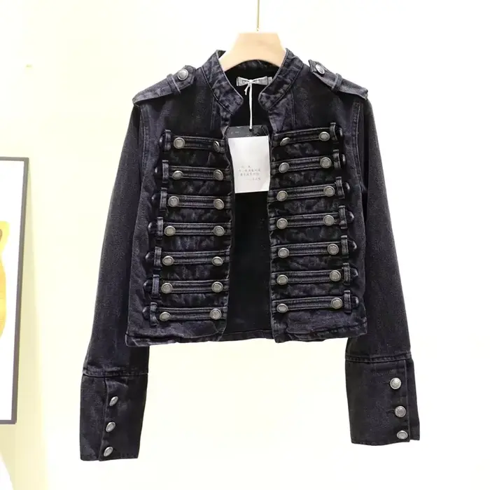 Printemps femmes col montant Double boutonnage Denim veste automne mince court jean veste noir à man