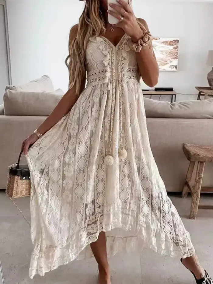 Camisole en polyester sans manches avec dentelle pour femmes, col en V, élégante et décontractée pour l'été, plage, vacances et occasions spéciales