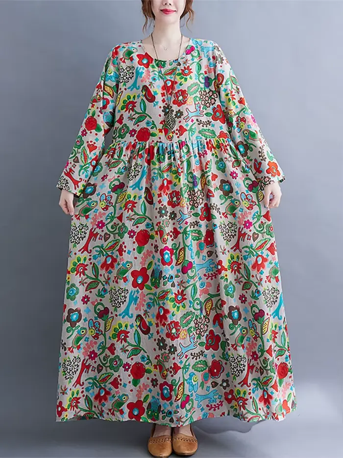 Robe Longue Femme en Coton Imprimé Floral Vintage à Manches Longues Printemps Automne 2026 – Décontr